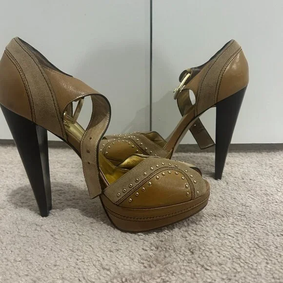 Michael Kors Tan Astor Quarter Strap Platform Heels Women’s Size 7.5 - Picture 4 of 6